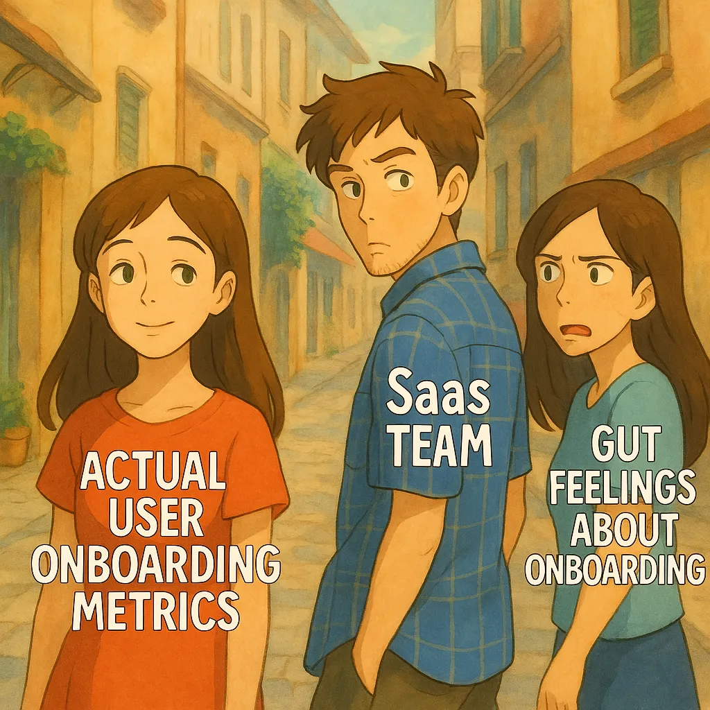Distracted Boyfriend Meme showing a SaaS Team being distracted by Actual User Onboarding Metrics while with their Gut Feelings About Onboarding Distracted Boyfriend Meme showing a SaaS Team being distracted by Actual User Onboarding Metrics while with their Gut Feelings About Onboarding
