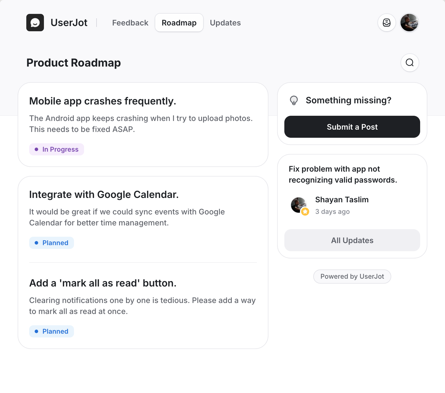 UserJot Public Roadmap Dashboard